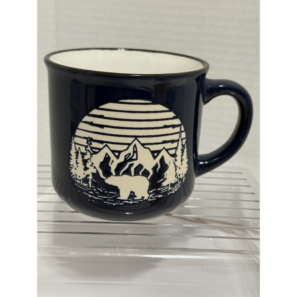 Unbranded Stoneware Mug Etched Mountains With Bear 3¾" Handwash. No Microwave